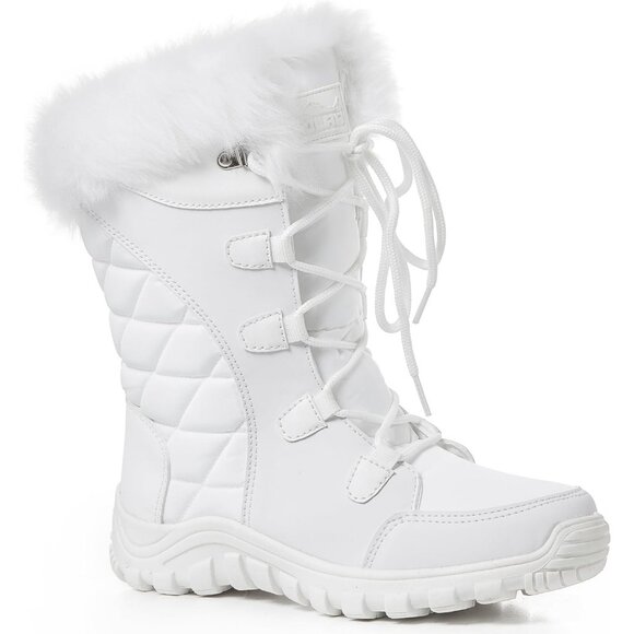 Womens White Quilted Faux Fur Cuff Winter Duck Boots with Rubber Sole - Picture 2 of 4